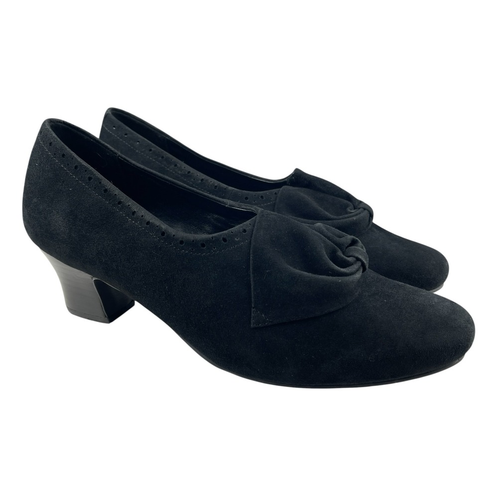Hotter Women's Donna Heel Pumps US 9 EXF Black Suede Bow Court Shoes Comfort